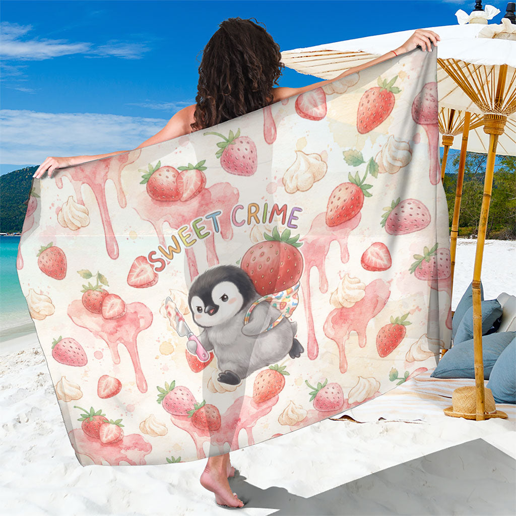 Sweet Crime Cute Penguin Holding Knife Sarong Funny Strawberry Cake Graphic With Pastel Dessert Pattern