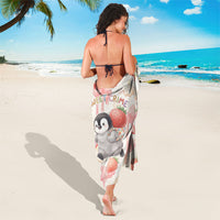 Sweet Crime Cute Penguin Holding Knife Sarong Funny Strawberry Cake Graphic With Pastel Dessert Pattern