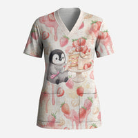 Sweet Crime Cute Penguin Holding Knife Scrub Top Funny Strawberry Cake Graphic With Pastel Dessert Pattern