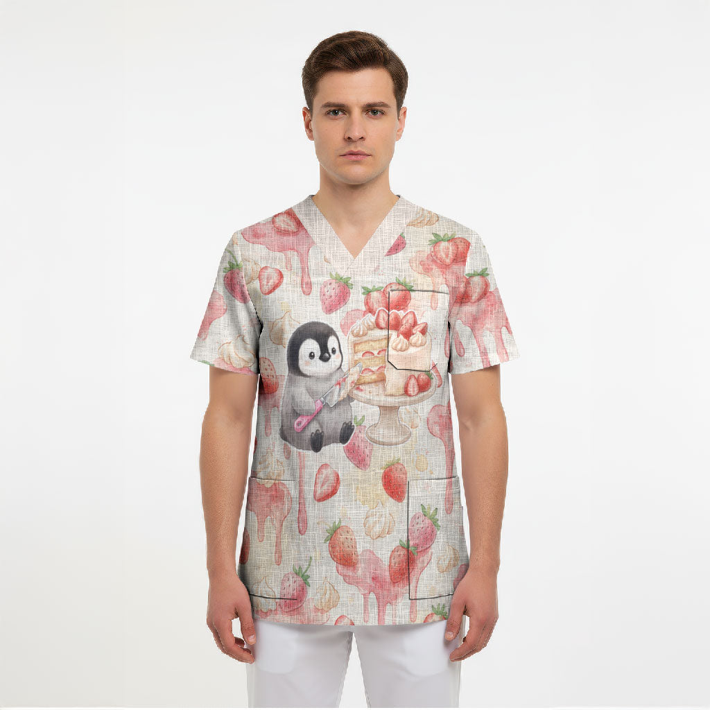 Sweet Crime Cute Penguin Holding Knife Scrub Top Funny Strawberry Cake Graphic With Pastel Dessert Pattern