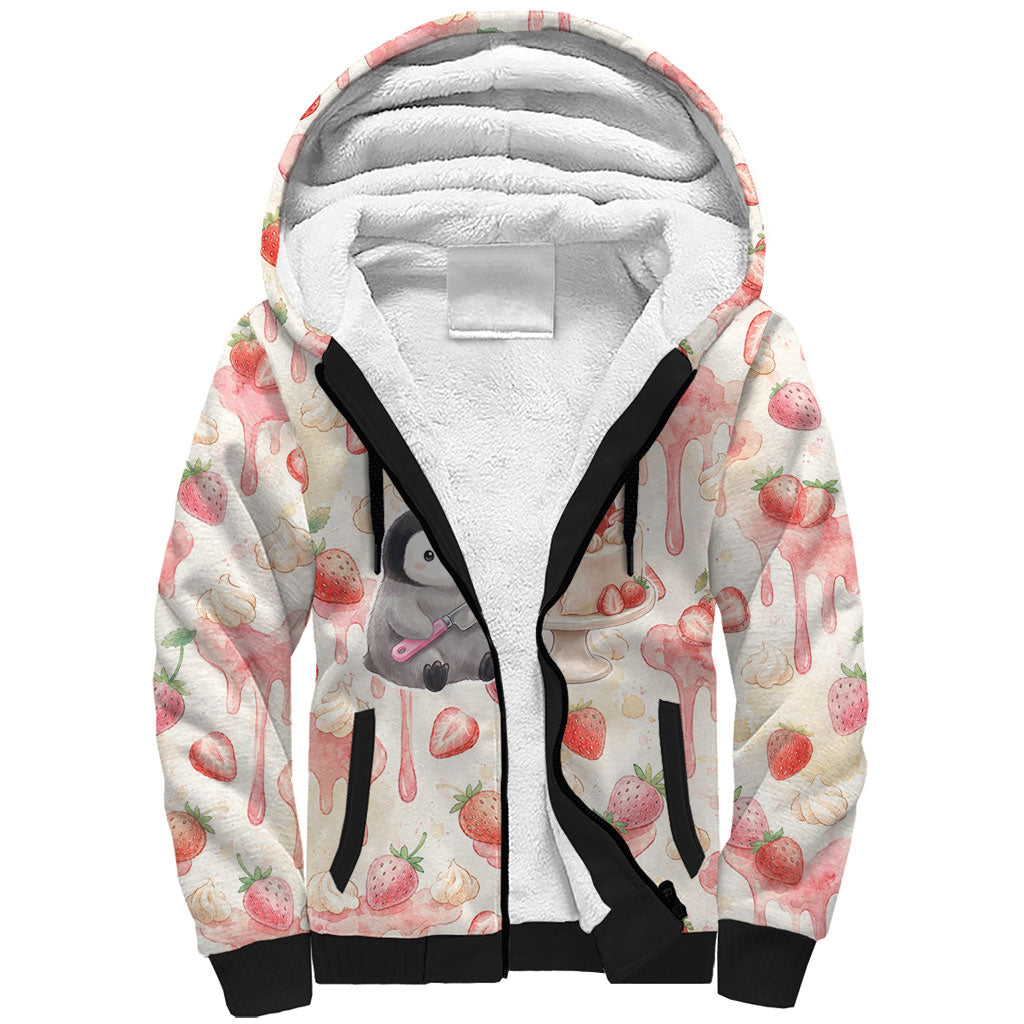 Sweet Crime Cute Penguin Holding Knife Sherpa Hoodie Funny Strawberry Cake Graphic With Pastel Dessert Pattern
