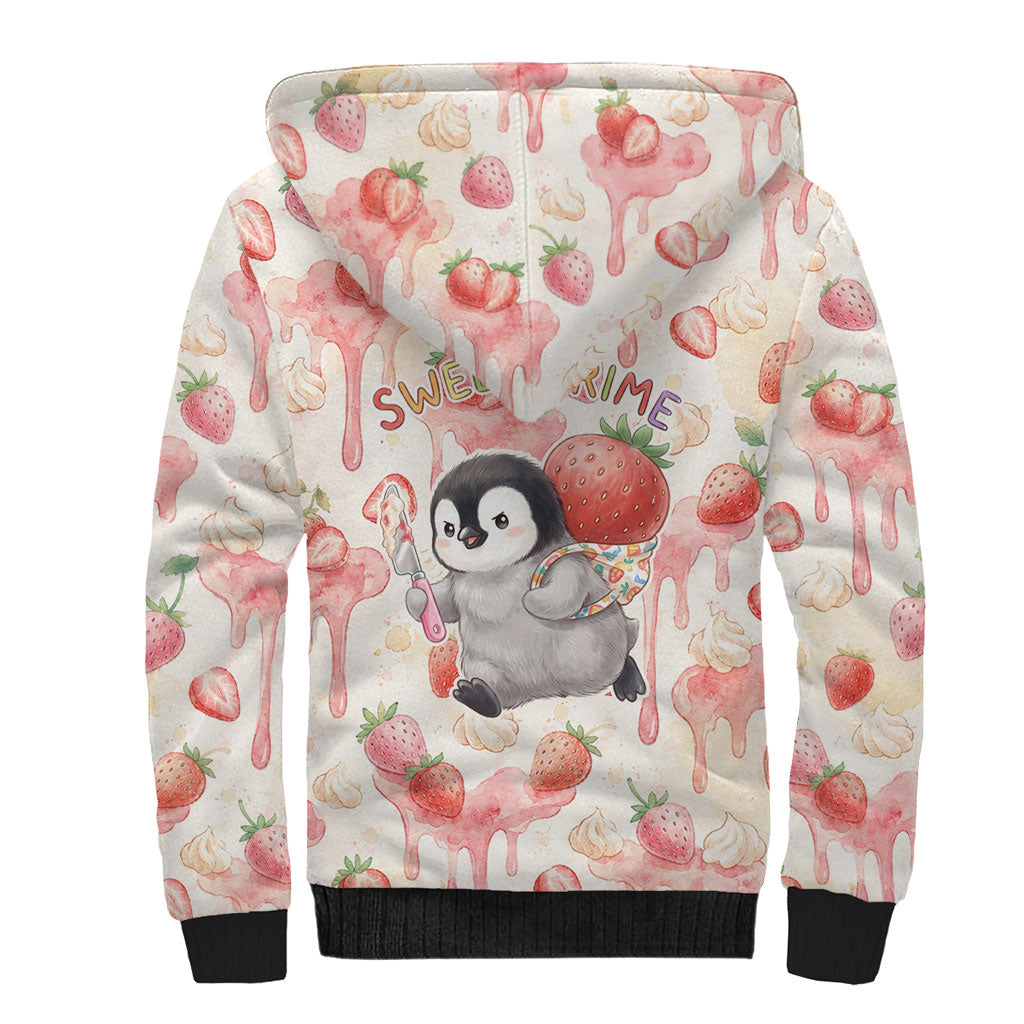 Sweet Crime Cute Penguin Holding Knife Sherpa Hoodie Funny Strawberry Cake Graphic With Pastel Dessert Pattern