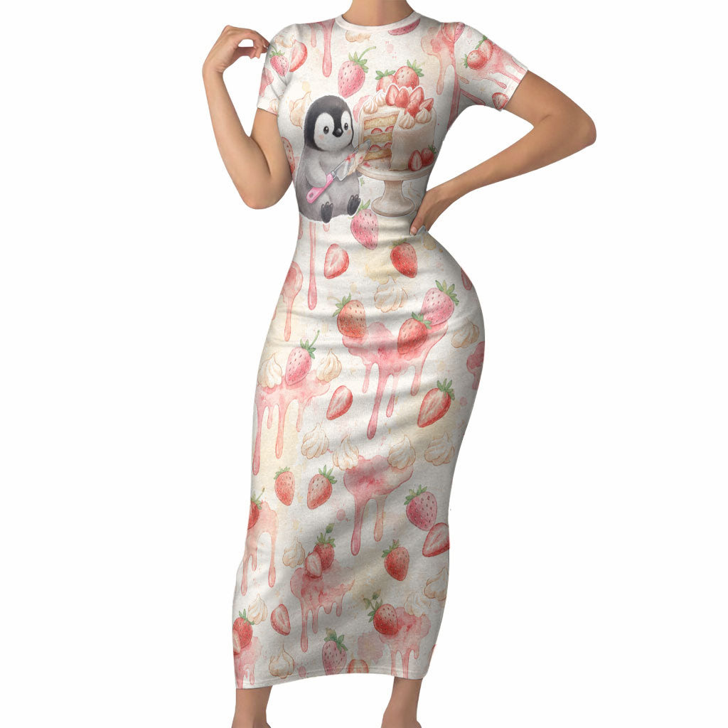 Sweet Crime Cute Penguin Holding Knife Short Sleeve Bodycon Dress Funny Strawberry Cake Graphic With Pastel Dessert Pattern
