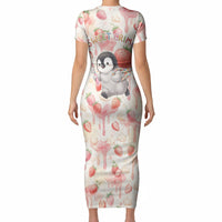 Sweet Crime Cute Penguin Holding Knife Short Sleeve Bodycon Dress Funny Strawberry Cake Graphic With Pastel Dessert Pattern
