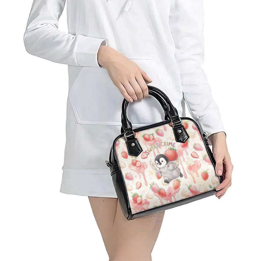 Sweet Crime Cute Penguin Holding Knife Shoulder Handbag Funny Strawberry Cake Graphic With Pastel Dessert Pattern