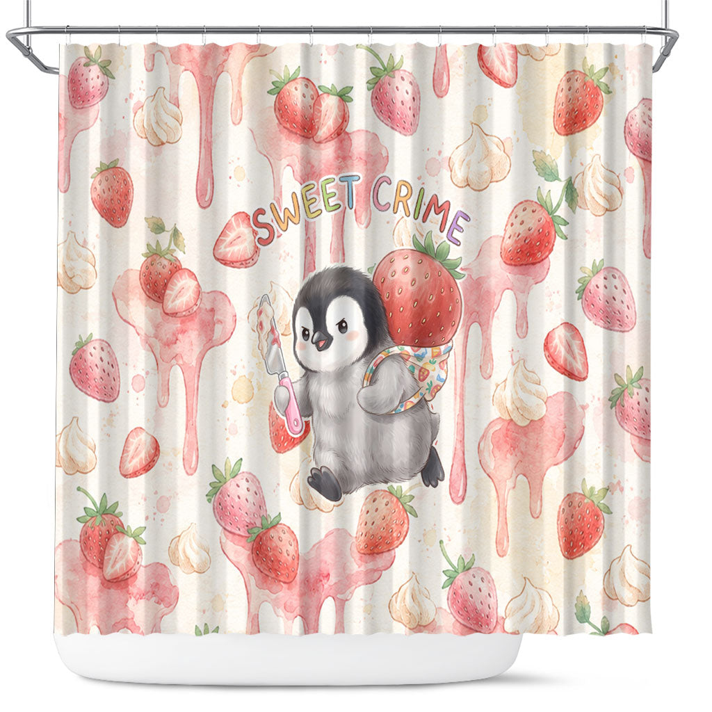 Sweet Crime Cute Penguin Holding Knife Shower Curtain Funny Strawberry Cake Graphic With Pastel Dessert Pattern