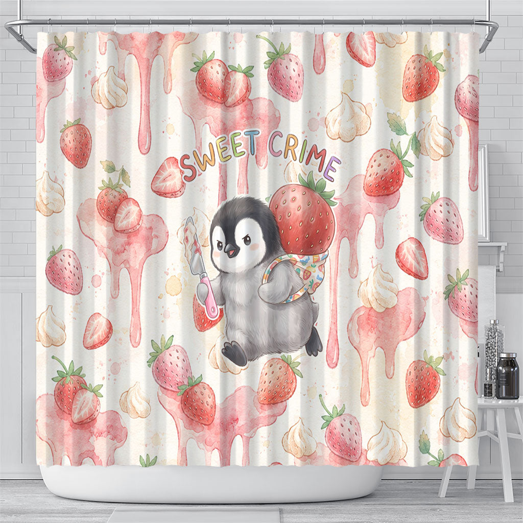 Sweet Crime Cute Penguin Holding Knife Shower Curtain Funny Strawberry Cake Graphic With Pastel Dessert Pattern