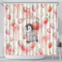 Sweet Crime Cute Penguin Holding Knife Shower Curtain Funny Strawberry Cake Graphic With Pastel Dessert Pattern