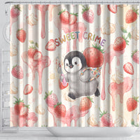 Sweet Crime Cute Penguin Holding Knife Shower Curtain Funny Strawberry Cake Graphic With Pastel Dessert Pattern