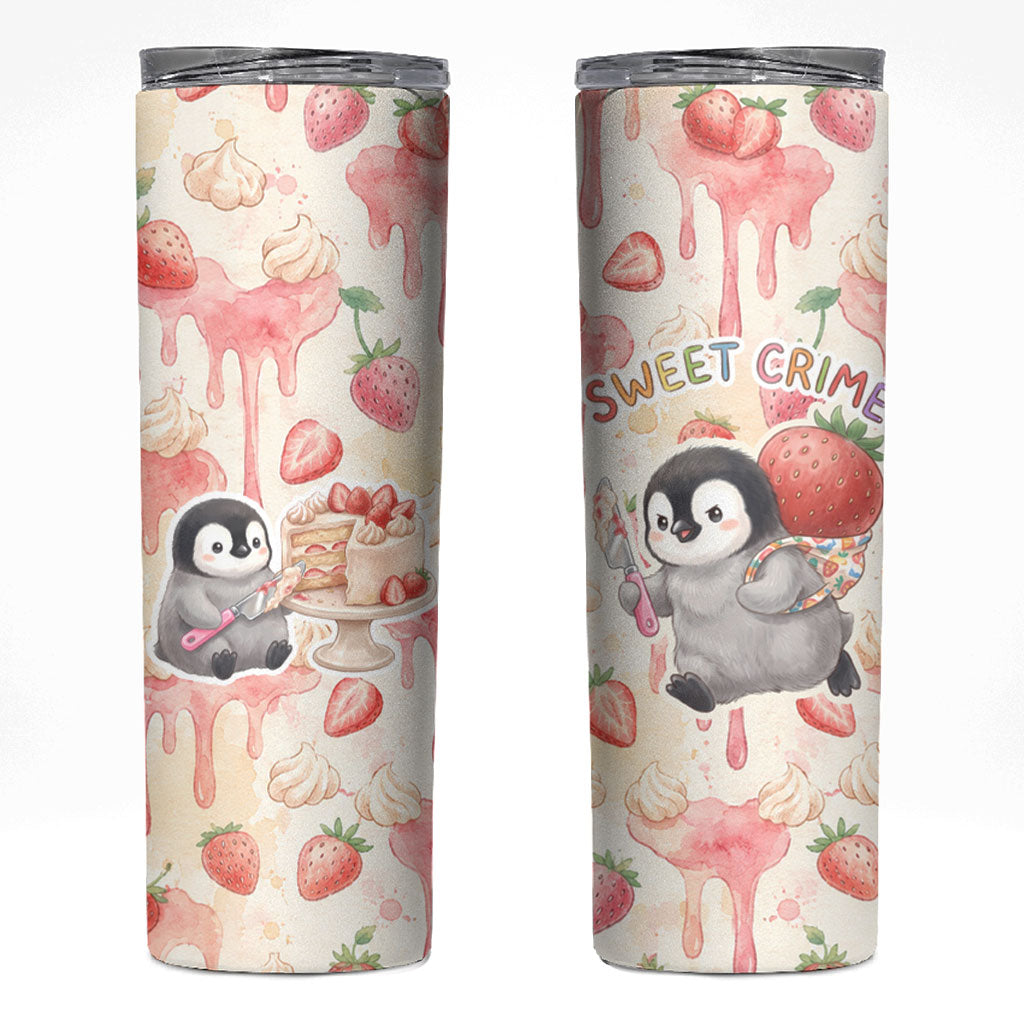 Sweet Crime Cute Penguin Holding Knife Skinny Tumbler Funny Strawberry Cake Graphic With Pastel Dessert Pattern