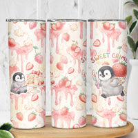 Sweet Crime Cute Penguin Holding Knife Skinny Tumbler Funny Strawberry Cake Graphic With Pastel Dessert Pattern