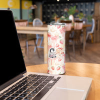 Sweet Crime Cute Penguin Holding Knife Skinny Tumbler Funny Strawberry Cake Graphic With Pastel Dessert Pattern