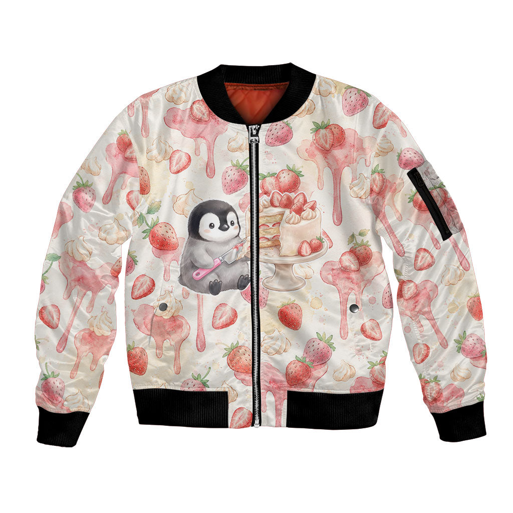Sweet Crime Cute Penguin Holding Knife Sleeve Zip Bomber Jacket Funny Strawberry Cake Graphic With Pastel Dessert Pattern