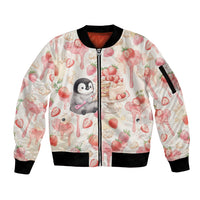 Sweet Crime Cute Penguin Holding Knife Sleeve Zip Bomber Jacket Funny Strawberry Cake Graphic With Pastel Dessert Pattern