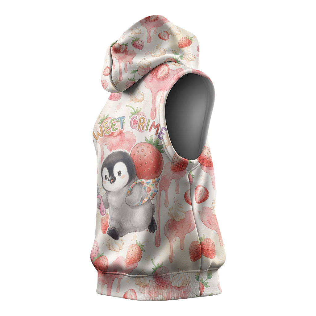 Sweet Crime Cute Penguin Holding Knife Sleeveless Hoodie Funny Strawberry Cake Graphic With Pastel Dessert Pattern