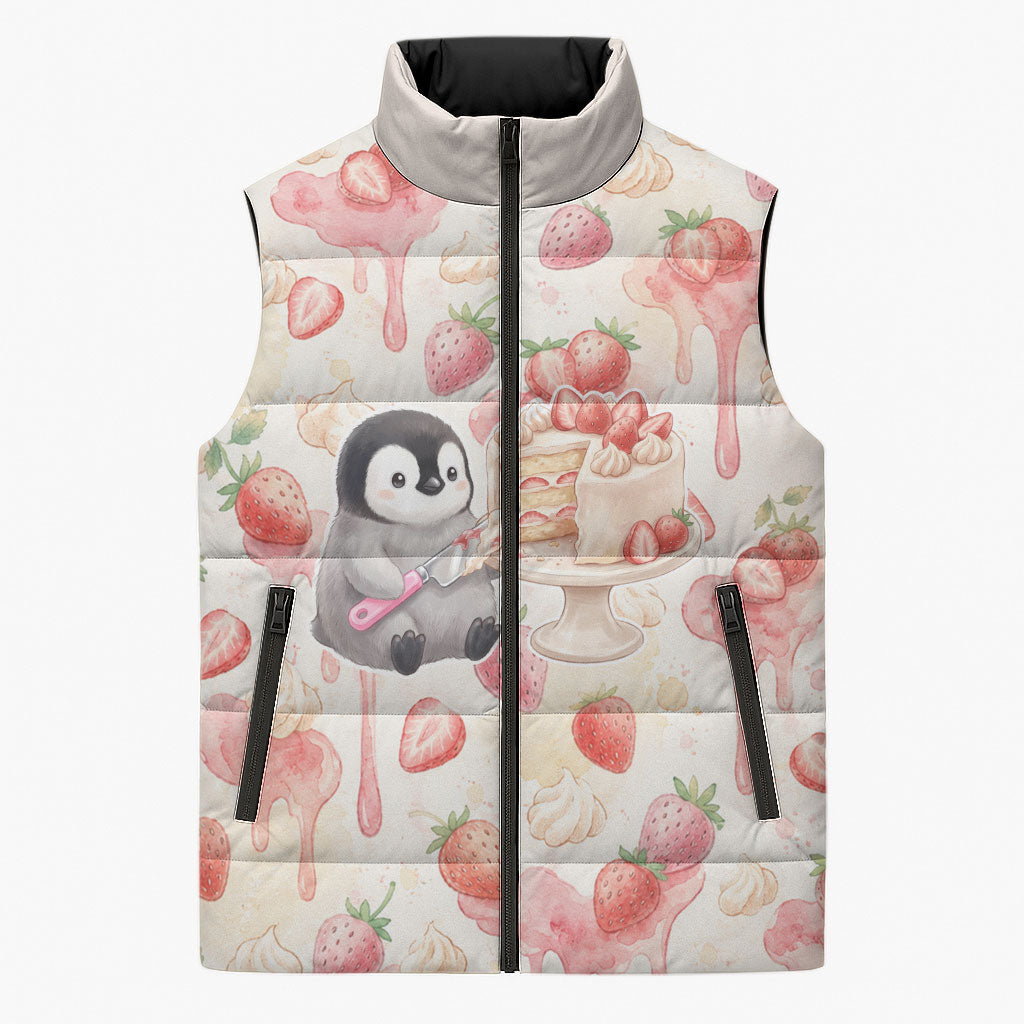 Sweet Crime Cute Penguin Holding Knife Sleeveless Puffer Jacket Funny Strawberry Cake Graphic With Pastel Dessert Pattern