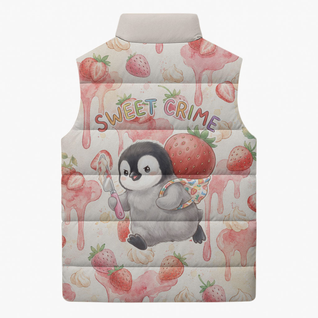 Sweet Crime Cute Penguin Holding Knife Sleeveless Puffer Jacket Funny Strawberry Cake Graphic With Pastel Dessert Pattern