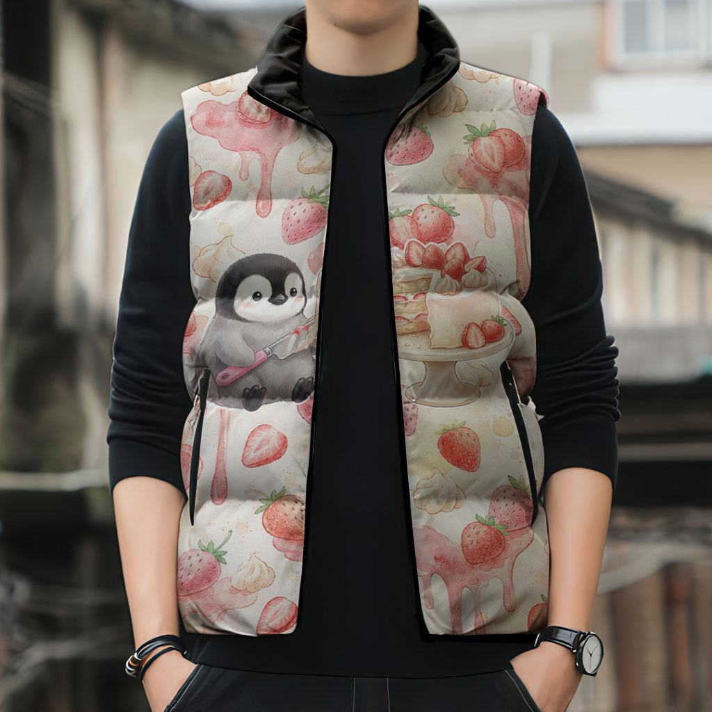 Sweet Crime Cute Penguin Holding Knife Sleeveless Puffer Jacket Funny Strawberry Cake Graphic With Pastel Dessert Pattern