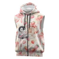 Sweet Crime Cute Penguin Holding Knife Sleeveless Zip Hoodie Funny Strawberry Cake Graphic With Pastel Dessert Pattern