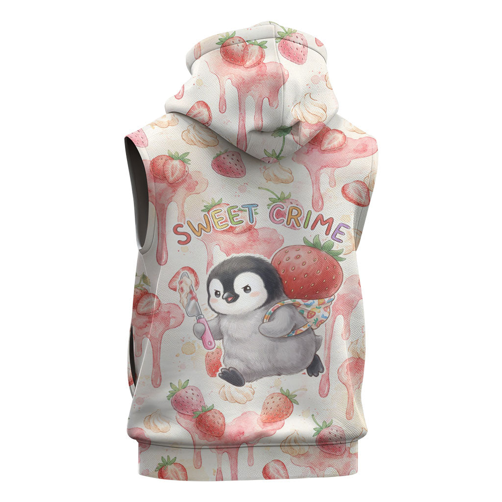Sweet Crime Cute Penguin Holding Knife Sleeveless Zip Hoodie Funny Strawberry Cake Graphic With Pastel Dessert Pattern