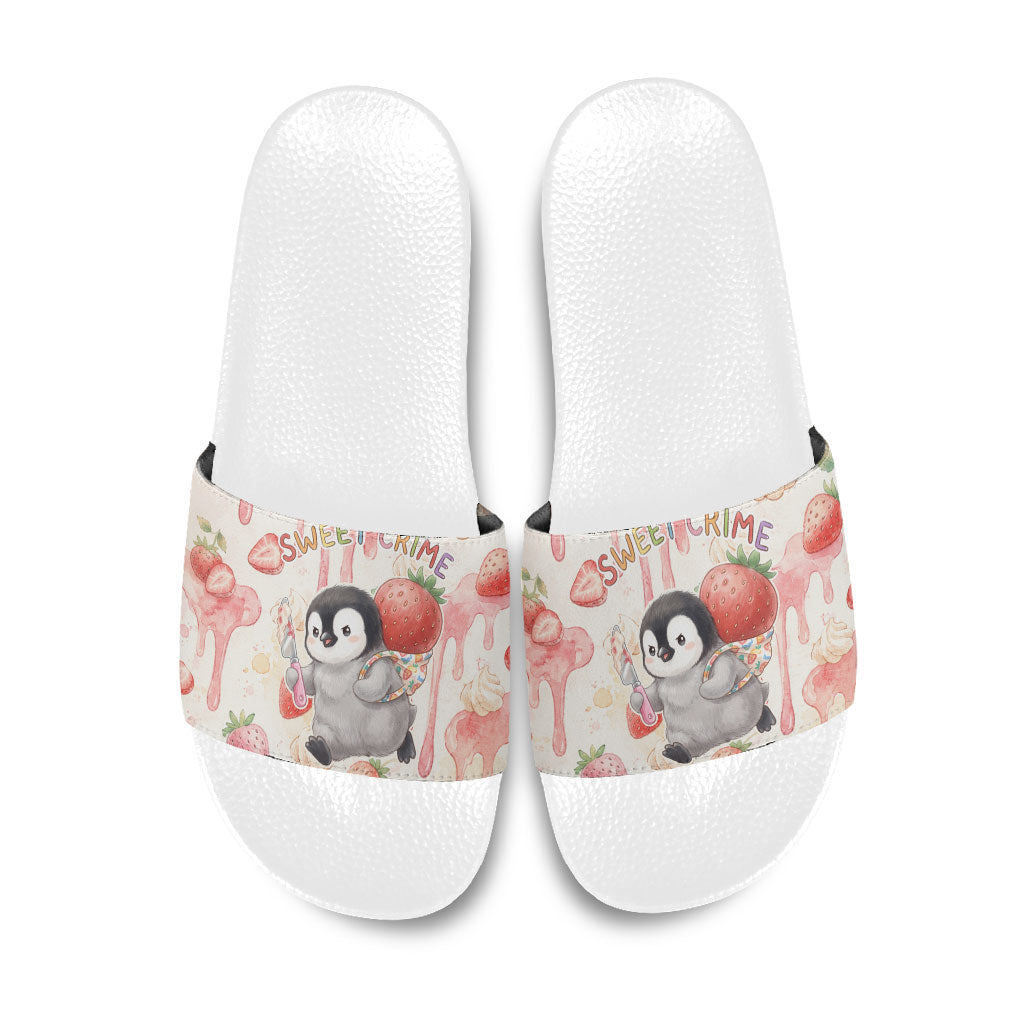 Sweet Crime Cute Penguin Holding Knife Slide Sandals Funny Strawberry Cake Graphic With Pastel Dessert Pattern