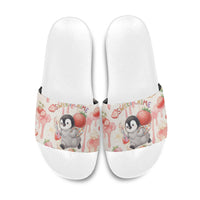 Sweet Crime Cute Penguin Holding Knife Slide Sandals Funny Strawberry Cake Graphic With Pastel Dessert Pattern