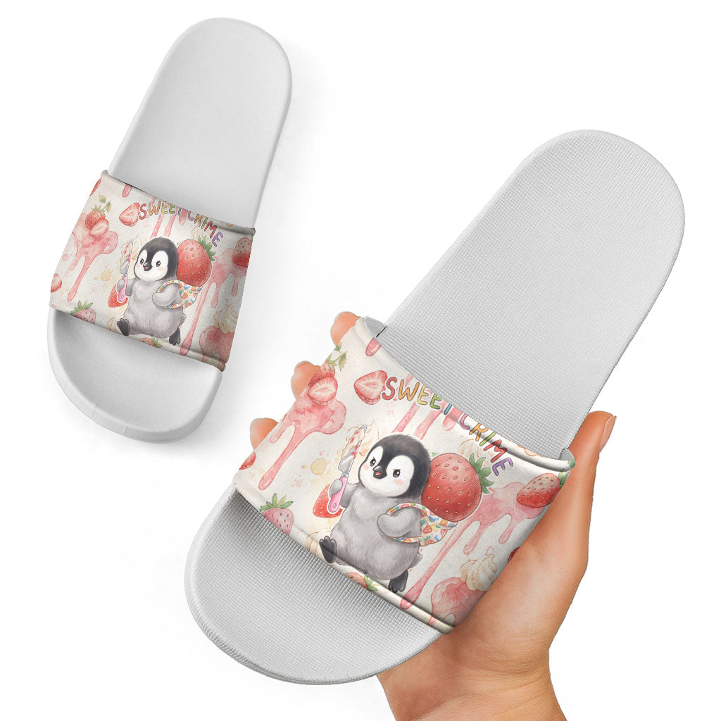 Sweet Crime Cute Penguin Holding Knife Slide Sandals Funny Strawberry Cake Graphic With Pastel Dessert Pattern