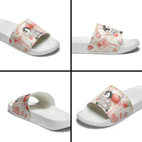 Sweet Crime Cute Penguin Holding Knife Slide Sandals Funny Strawberry Cake Graphic With Pastel Dessert Pattern