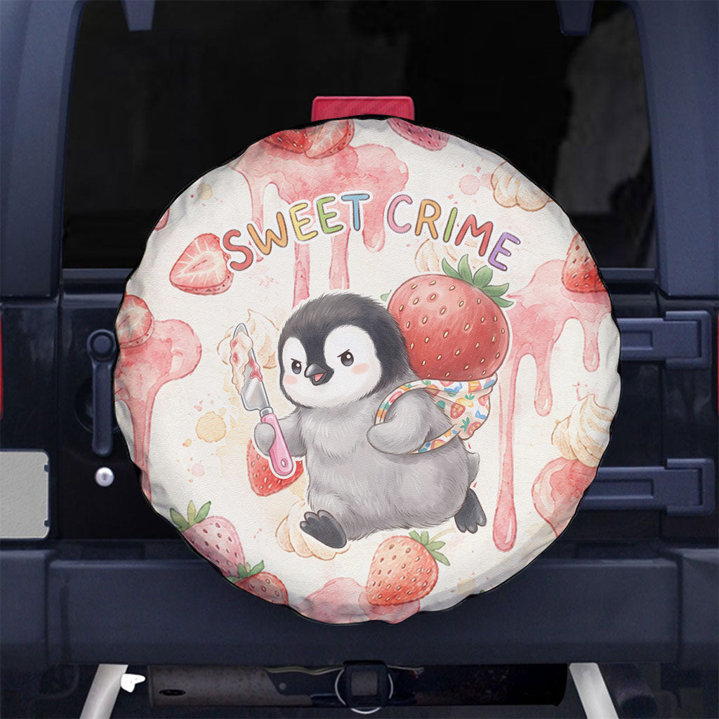 Sweet Crime Cute Penguin Holding Knife Spare Tire Cover Funny Strawberry Cake Graphic With Pastel Dessert Pattern