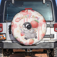 Sweet Crime Cute Penguin Holding Knife Spare Tire Cover Funny Strawberry Cake Graphic With Pastel Dessert Pattern