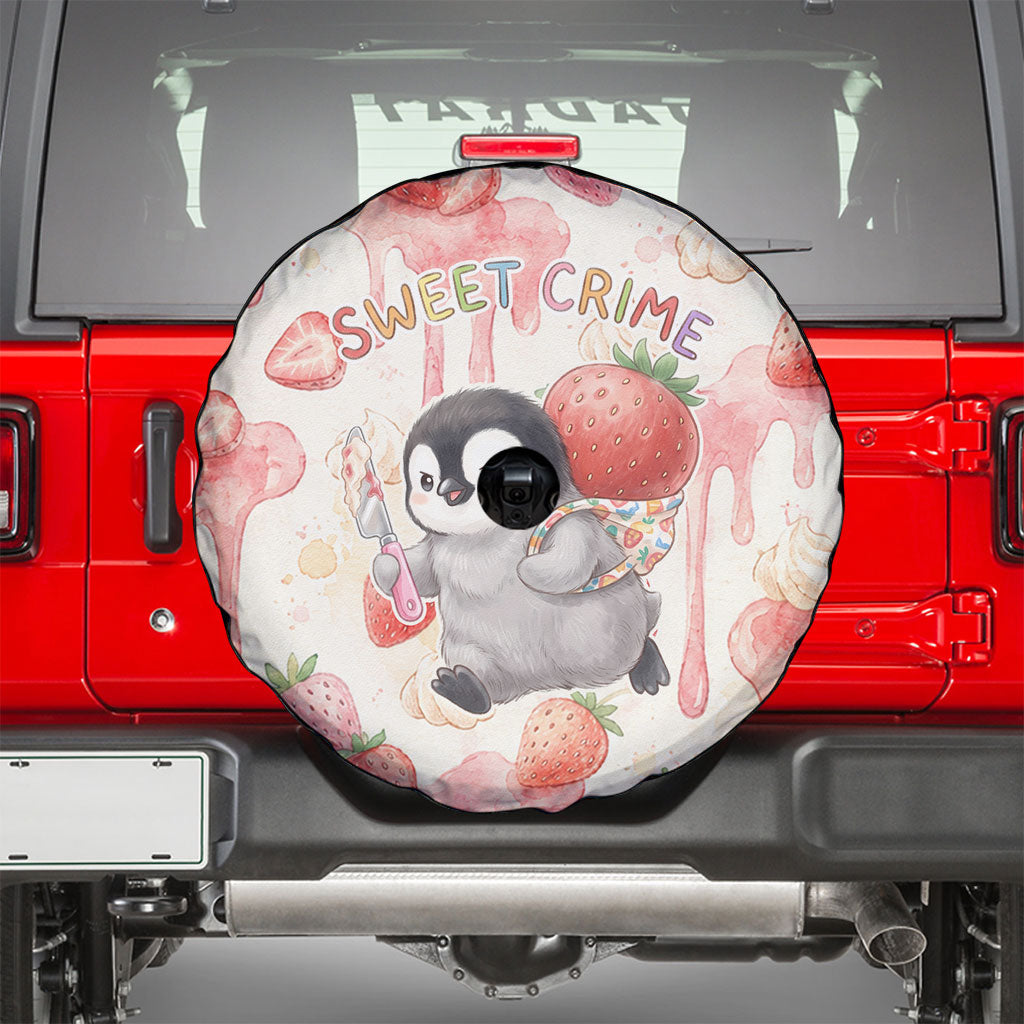 Sweet Crime Cute Penguin Holding Knife Spare Tire Cover Funny Strawberry Cake Graphic With Pastel Dessert Pattern
