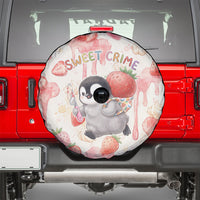 Sweet Crime Cute Penguin Holding Knife Spare Tire Cover Funny Strawberry Cake Graphic With Pastel Dessert Pattern