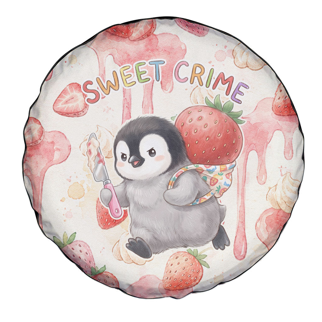 Sweet Crime Cute Penguin Holding Knife Spare Tire Cover Funny Strawberry Cake Graphic With Pastel Dessert Pattern