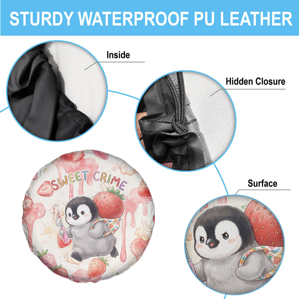 Sweet Crime Cute Penguin Holding Knife Spare Tire Cover Funny Strawberry Cake Graphic With Pastel Dessert Pattern