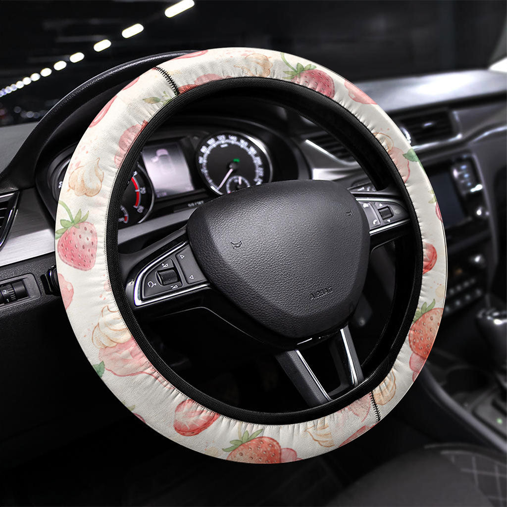 Sweet Crime Cute Penguin Holding Knife Steering Wheel Cover Funny Strawberry Cake Graphic With Pastel Dessert Pattern