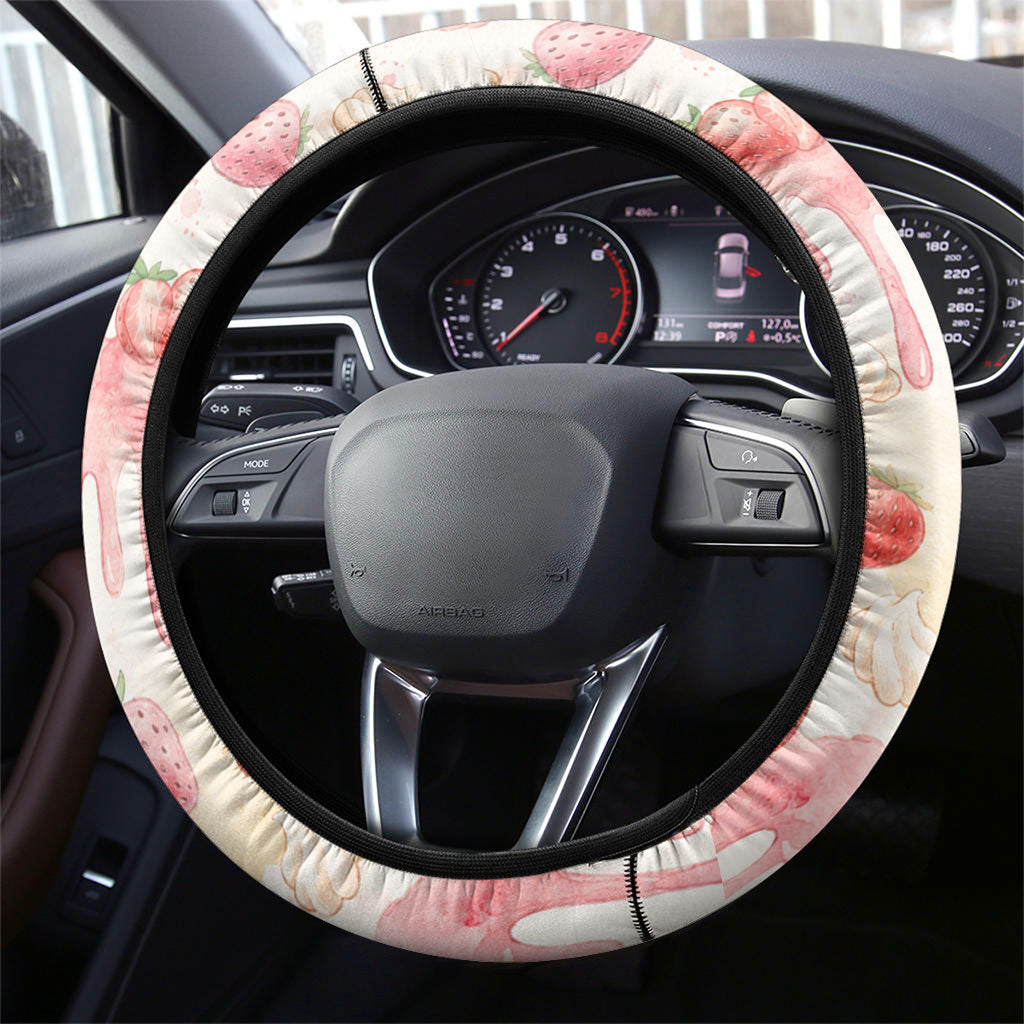Sweet Crime Cute Penguin Holding Knife Steering Wheel Cover Funny Strawberry Cake Graphic With Pastel Dessert Pattern