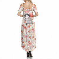 Sweet Crime Cute Penguin Holding Knife Summer Maxi Dress Funny Strawberry Cake Graphic With Pastel Dessert Pattern