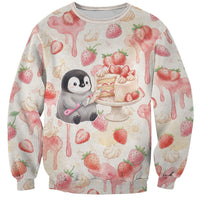 Sweet Crime Cute Penguin Holding Knife Sweatshirt Funny Strawberry Cake Graphic With Pastel Dessert Pattern