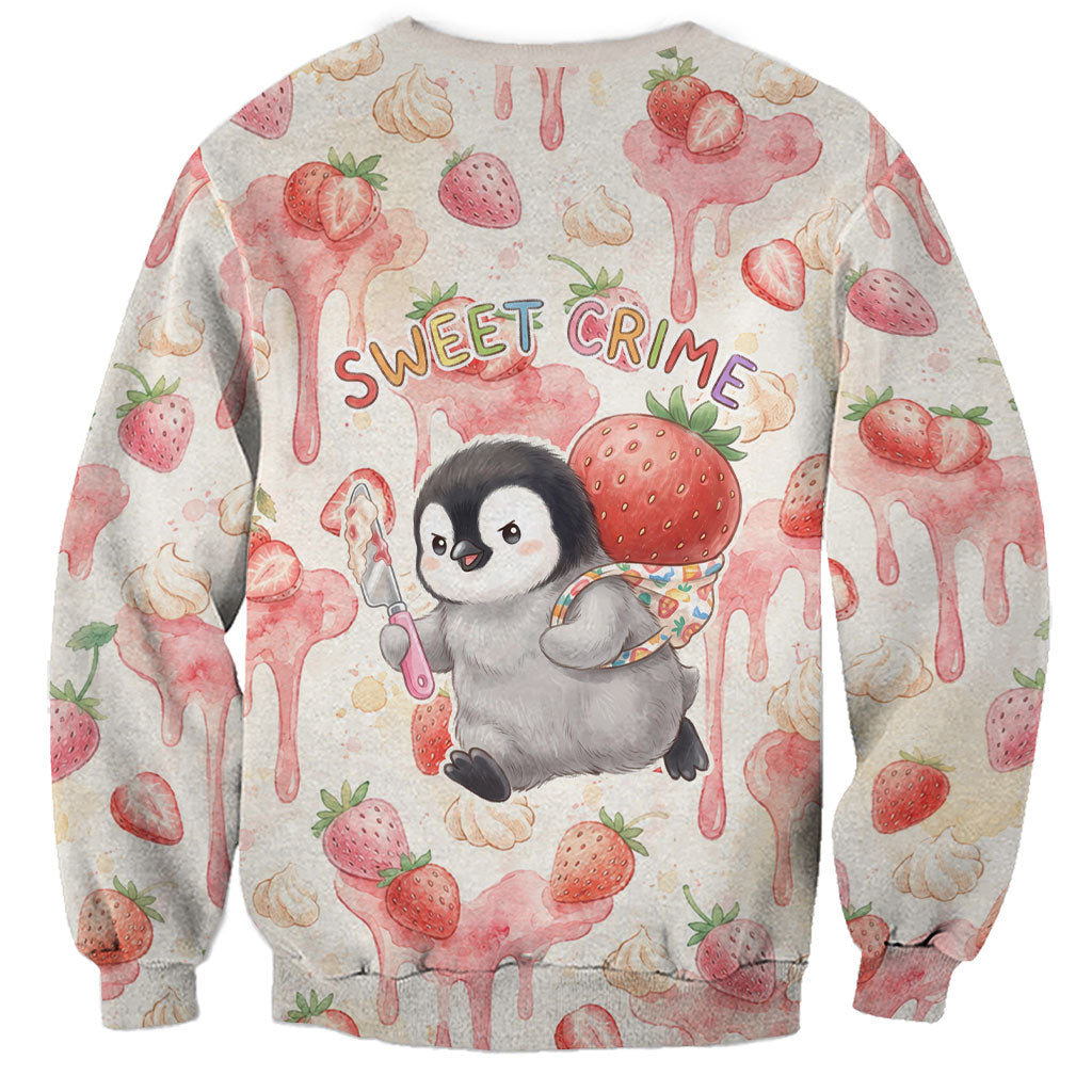 Sweet Crime Cute Penguin Holding Knife Sweatshirt Funny Strawberry Cake Graphic With Pastel Dessert Pattern