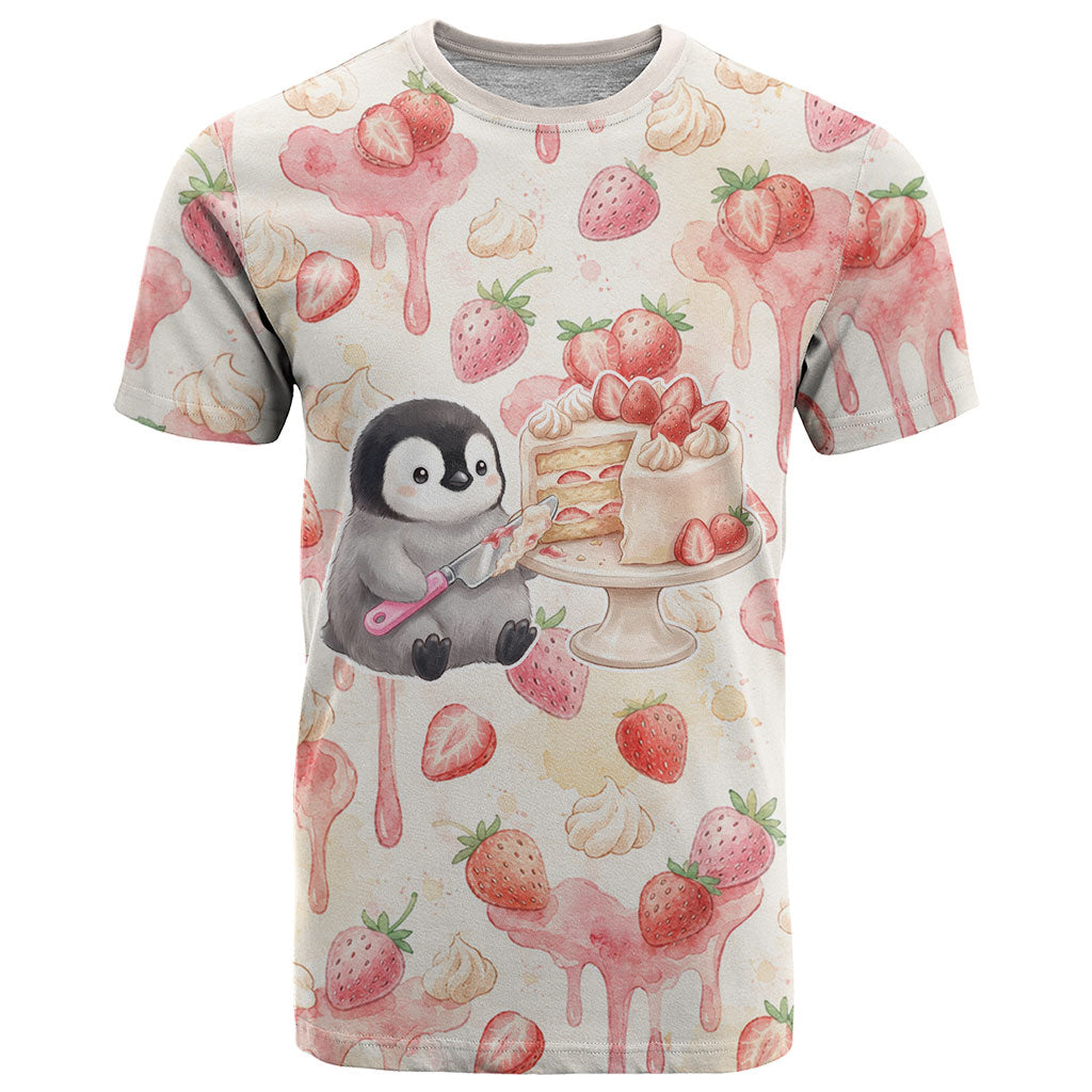 Sweet Crime Cute Penguin Holding Knife T Shirt Funny Strawberry Cake Graphic With Pastel Dessert Pattern