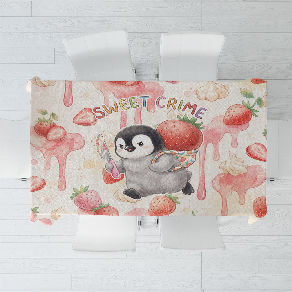 Sweet Crime Cute Penguin Holding Knife Tablecloth Funny Strawberry Cake Graphic With Pastel Dessert Pattern