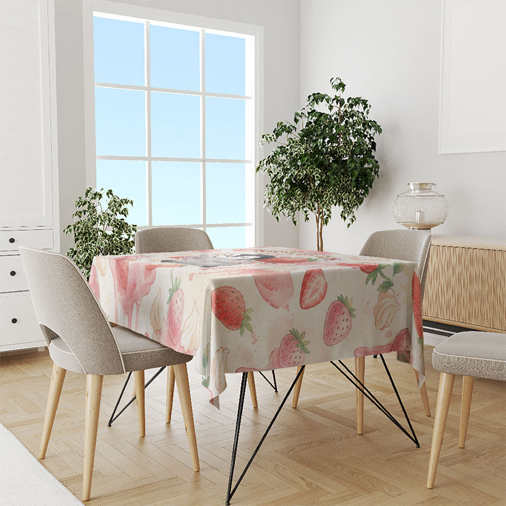 Sweet Crime Cute Penguin Holding Knife Tablecloth Funny Strawberry Cake Graphic With Pastel Dessert Pattern