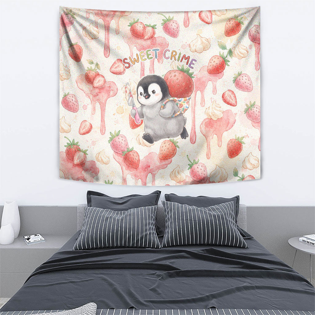 Sweet Crime Cute Penguin Holding Knife Tapestry Funny Strawberry Cake Graphic With Pastel Dessert Pattern