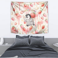Sweet Crime Cute Penguin Holding Knife Tapestry Funny Strawberry Cake Graphic With Pastel Dessert Pattern