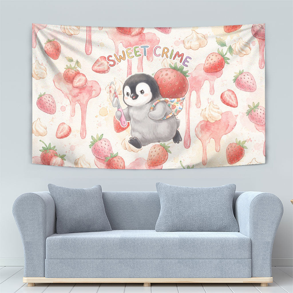 Sweet Crime Cute Penguin Holding Knife Tapestry Funny Strawberry Cake Graphic With Pastel Dessert Pattern