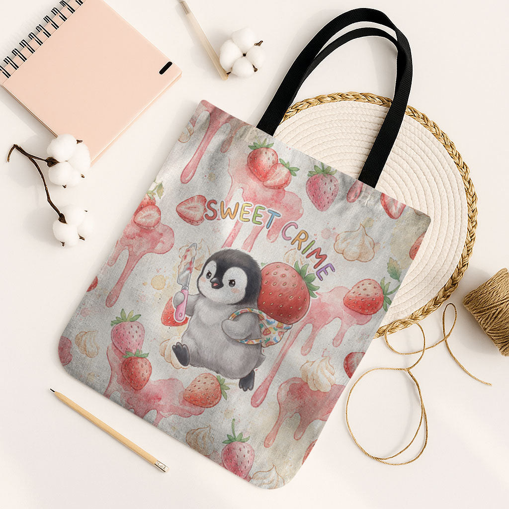 Sweet Crime Cute Penguin Holding Knife Tote Bag Funny Strawberry Cake Graphic With Pastel Dessert Pattern