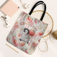 Sweet Crime Cute Penguin Holding Knife Tote Bag Funny Strawberry Cake Graphic With Pastel Dessert Pattern