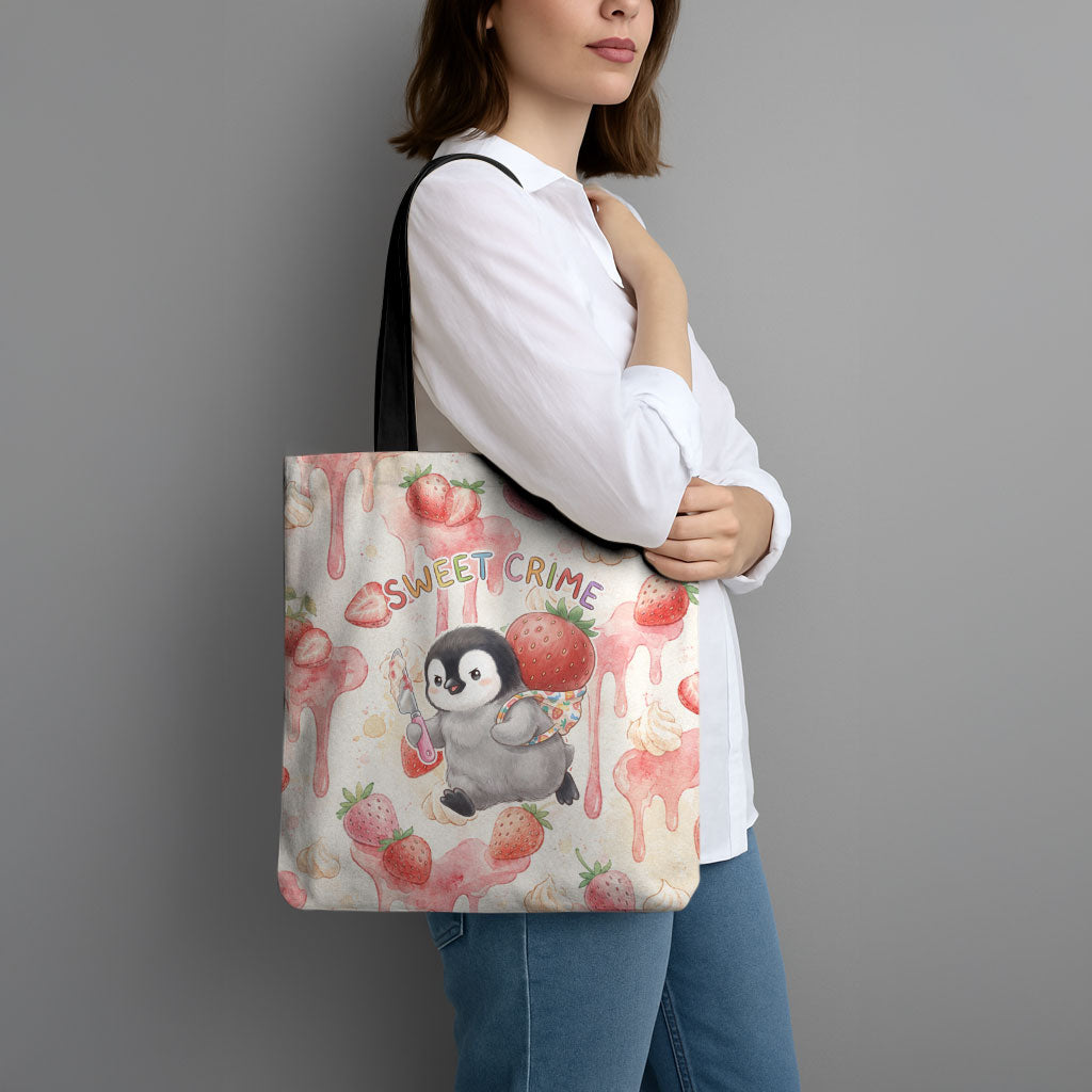 Sweet Crime Cute Penguin Holding Knife Tote Bag Funny Strawberry Cake Graphic With Pastel Dessert Pattern