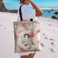 Sweet Crime Cute Penguin Holding Knife Tote Bag Funny Strawberry Cake Graphic With Pastel Dessert Pattern