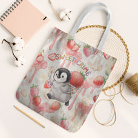 Sweet Crime Cute Penguin Holding Knife Tote Bag Funny Strawberry Cake Graphic With Pastel Dessert Pattern